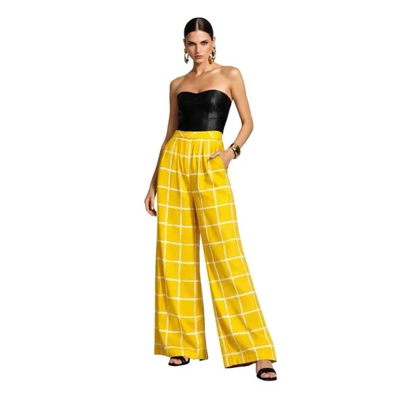 Moon River Yellow Windowpane Wide Leg Pants S High Waist Palazzo Summer NWT - Picture 1 of 8